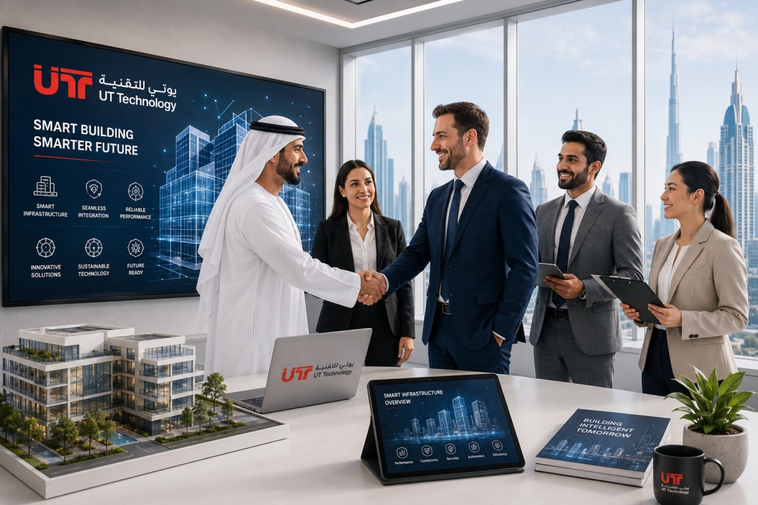UT Technology team and technology partners reviewing smart building systems in a bright Dubai meeting room